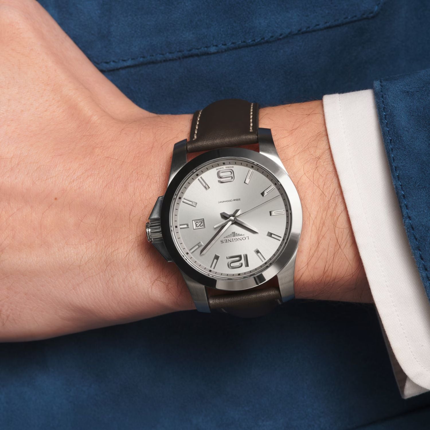 Longines Conquest Silver 43mm Brown Leather